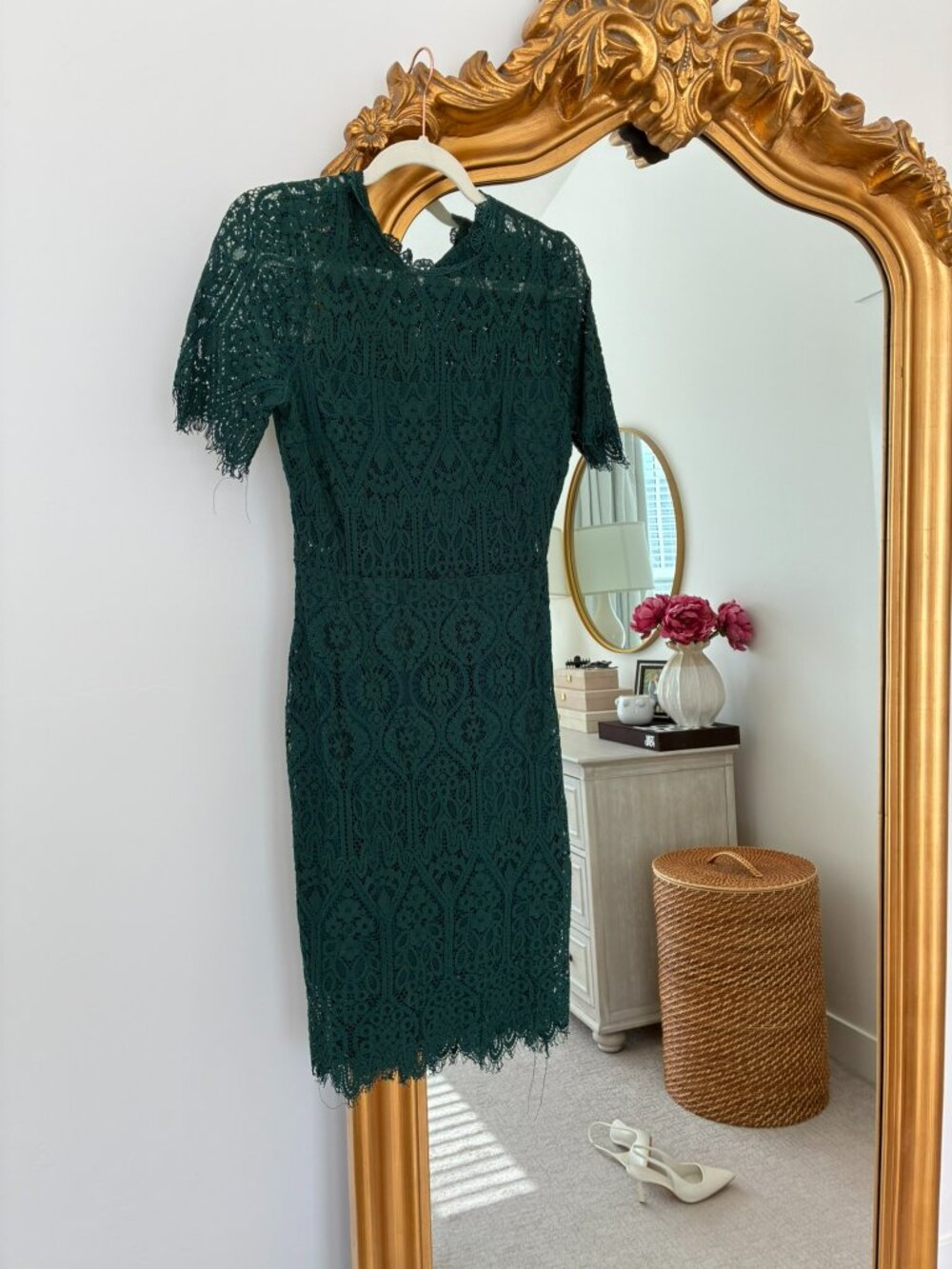 Lulus Emerald Green Lace Midi Dress Short Sleeve Size Medium